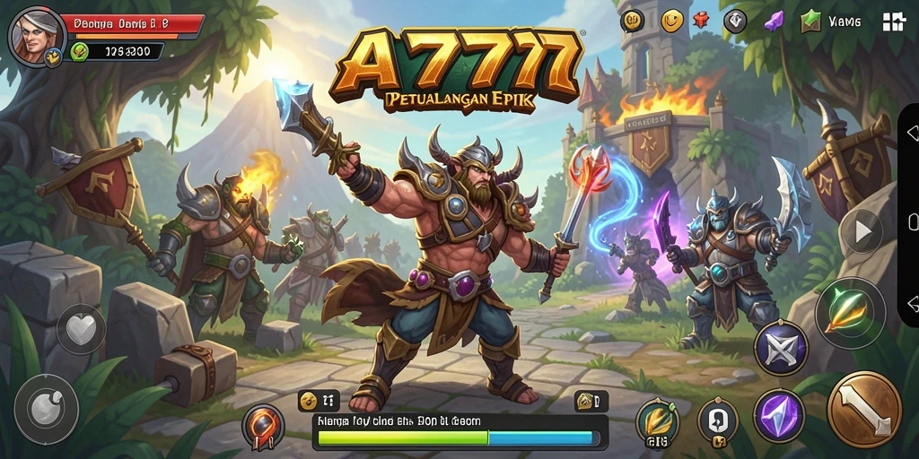 Screenshot A7777 menampilkan aksi pertempuran yang seru di dunia RPG.