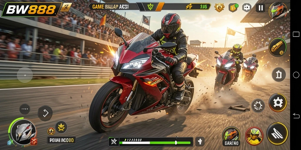 Screenshot gameplay BW888 menampilkan balapan motor yang mendebarkan.