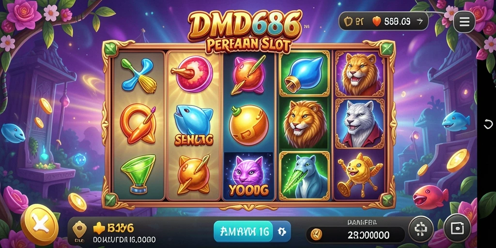 Tampilan menarik dari gameplay DMD686 dengan berbagai simbol slot.