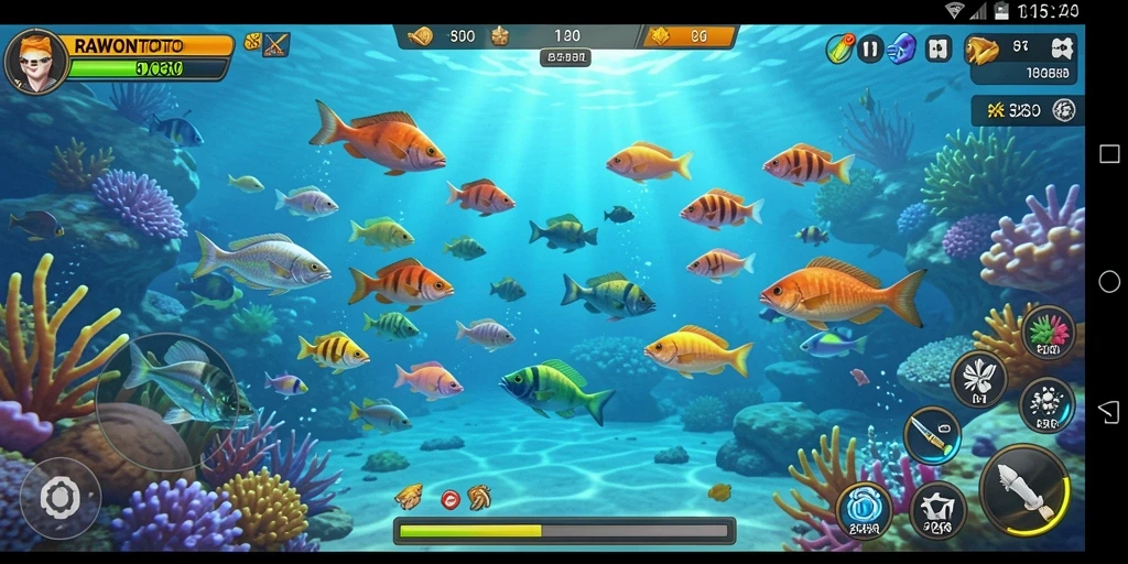 Screenshot gameplay dari RAWONTOTO menampilkan aksi seru Tembak Ikan.
