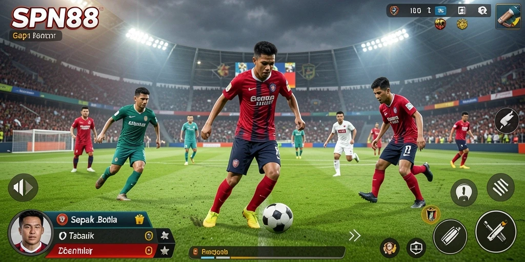 Tampilan gameplay SPN88 dengan aksi seru di lapangan sepak bola.