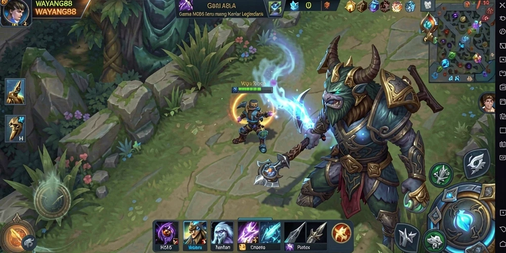 Screenshot menunjukkan aksi intens dalam arena MOBA WAYANG88.